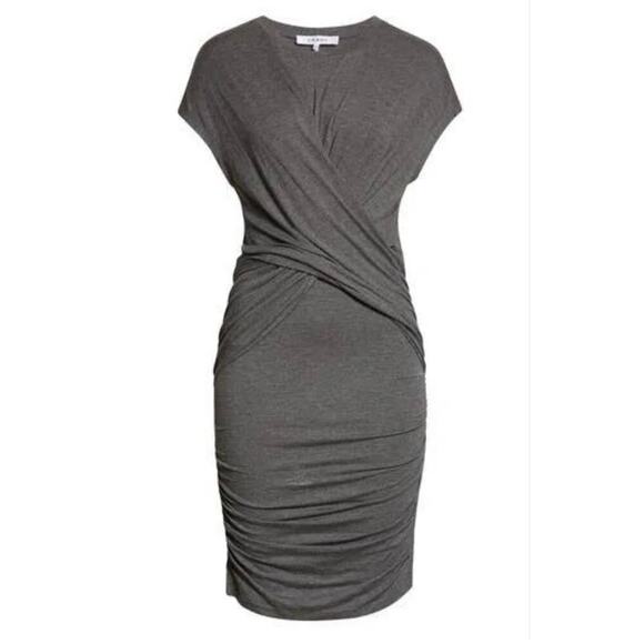 Frame NWT Shirred Muscle Dress Wrap Pull On Curve Hugging Mini Gray Size Large - Picture 3 of 11